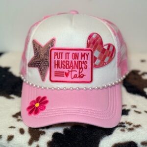 Pink Trucker Hat Checkered Mesh Put It On My Husband’s Tab Patch Pearl Hat Chain